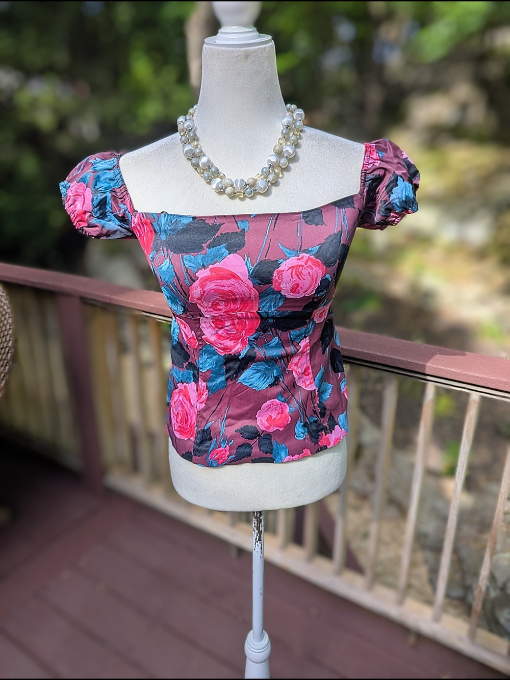 Karen Millen Silk UK Burgundy Floral Corset Square-Neck Puff Sleeve Top